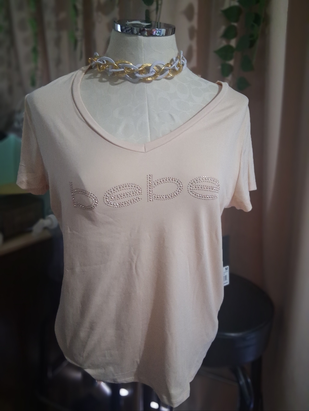 bebe Blush Rhinestone Logo V-Neck Tee